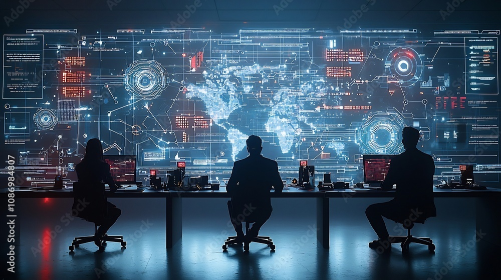 Poster silhouette of business professionals in a digital environment with interconnected nodes and holograp