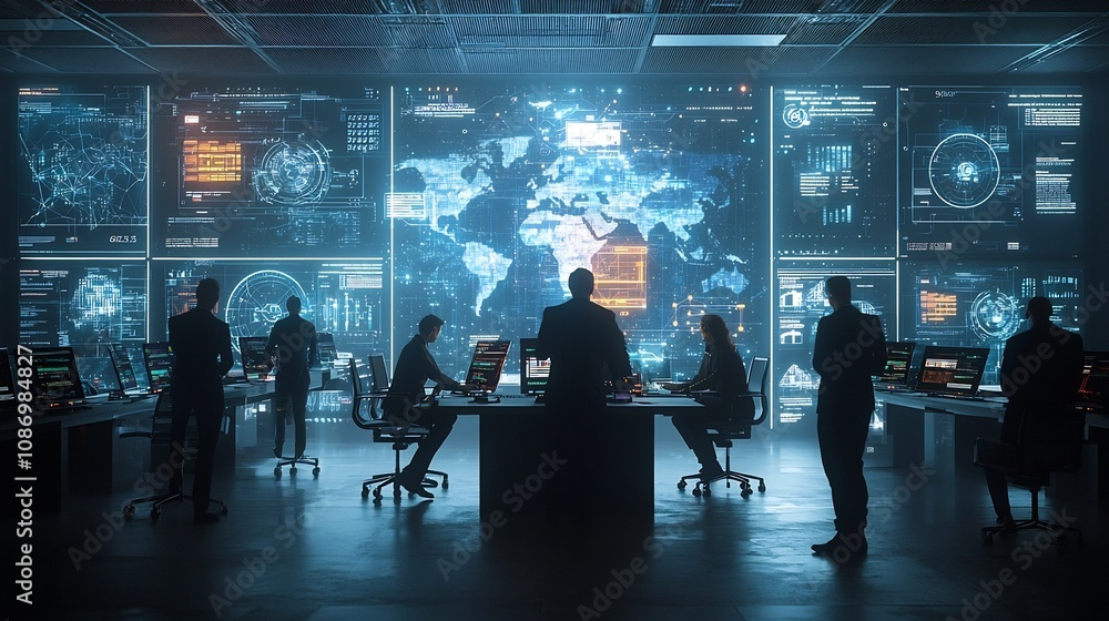 Leinwandbilder silhouetted profiles of business professionals engaged in a global meeting set against a futuristic 