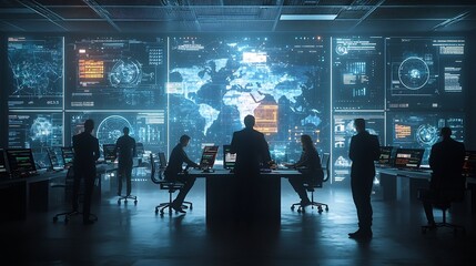 Silhouetted profiles of business professionals engaged in a global meeting set against a futuristic digital environment with interconnected nodes and holographic projections