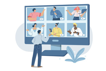 Business meetings, Group conversations using video calls, Remote teamwork using online video, Friends are talking via video conference, Live communication, Remote working with technology.