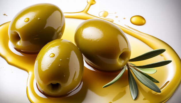 Close-up de una aceitunas verdes apetitosas sobre una mesa con aceite de oliva y fondo blanco