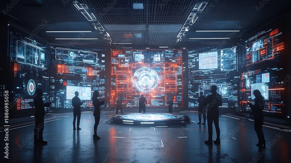 Poster Futuristic high tech workspace with silhouetted figures engaged in discussions surrounded by vibrant 3D holographic data visualizations in a cyberpunk inspired setting