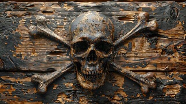 A weathered wooden plank with a human skull and crossbones.