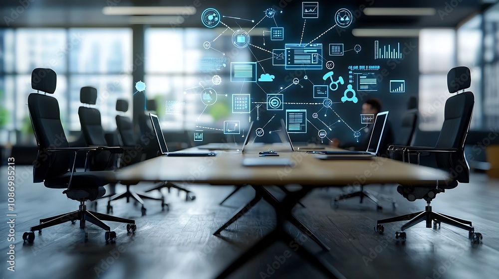 Poster A modern cyberpunk inspired meeting setup featuring silhouettes of individuals brainstorming with floating interconnected digital business nodes and tools  The image conveys a futuristic
