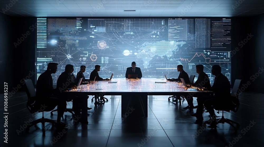 Aufkleber Silhouetted business professionals gathered around a futuristic table displaying 3D data graphs and global digital connections lighting up the room