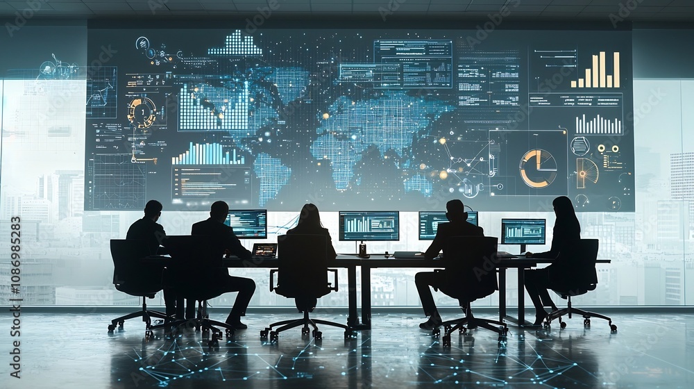 Poster Futuristic strategic planning session with silhouetted figures floating global digital networks advanced analytics tools and aesthetic elements