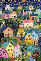Drawn summer countryside landscape with colorful cartoon houses and nature. Greeting retro postcard. Vertical colorful illustration