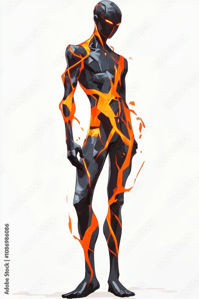 Aufkleber a humanoid character showcases an intricate design featuring vibrant orange cracks on a dark surface