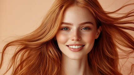 Fototapeta premium Captivating Portrait of a Young Woman with Vibrant Red Hair and Radiant Smile Against Warm Background Featuring Soft Flowing Hair and Natural Beauty