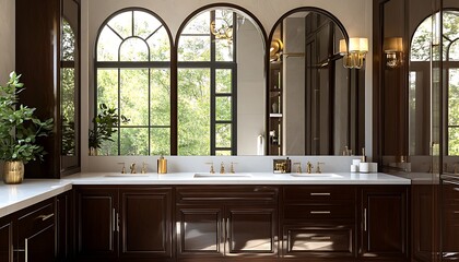 Elegant bathroom with glossy dark wood cabinets, oversized arched mirrors, and metallic fixtures ,