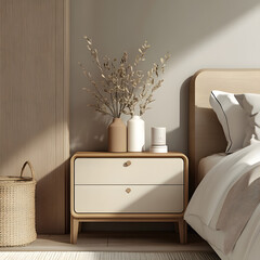cozy modern bedroom features wooden nightstand with decorative vases and dried plants, next to neatly made bed with white linens. Soft natural light enhances serene atmosphere