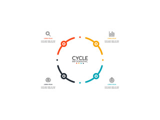 Business infographic. Thin line flat with 4 options, steps, arrows and marketing icons. Vector template.