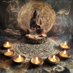 Meditative Pagan practices, combining spiritual reflection with grounding rituals, calm and focused.