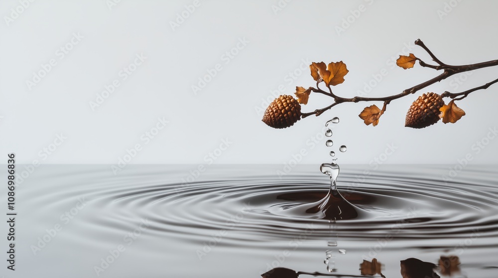 Poster a drop of water falls on the table, with ripples forming in it, and an acorn branch floating above t