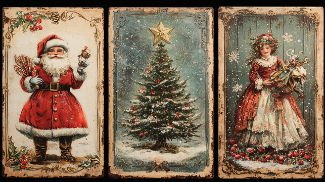 Vintage Christmas cards with Santa, a tree, and a festive woman in traditional attire