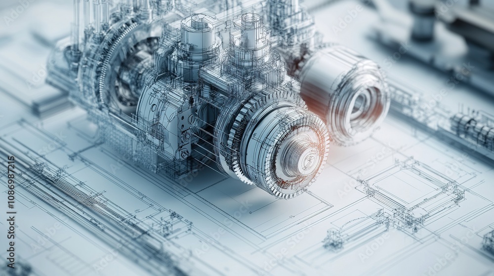 Poster detailed 3d rendering of mechanical components and engineering design on blueprint background for in
