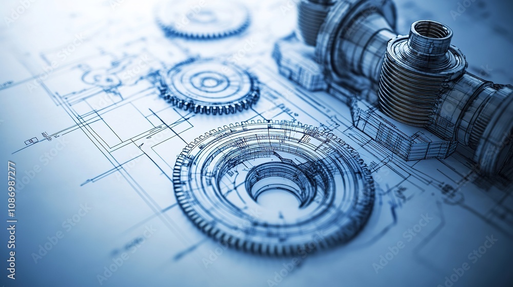 Poster detailed blueprint layout with intricate gears and mechanical components showcasing engineering desi