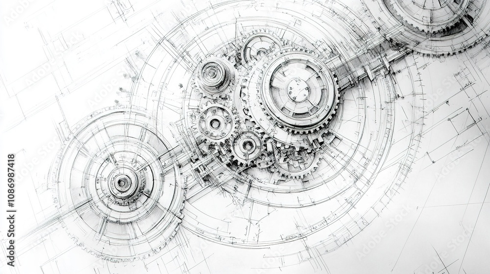Poster intricate blueprint of mechanical gears and cogs with detailed technical illustrations for industria