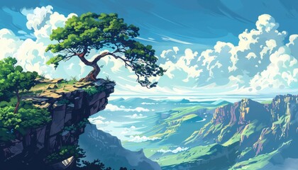 A Lone Tree on a Cliff Overlooking a Valley with Clouds