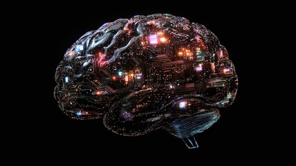 Brain with electric circuity on black background, illustration of artificial intelligence technology