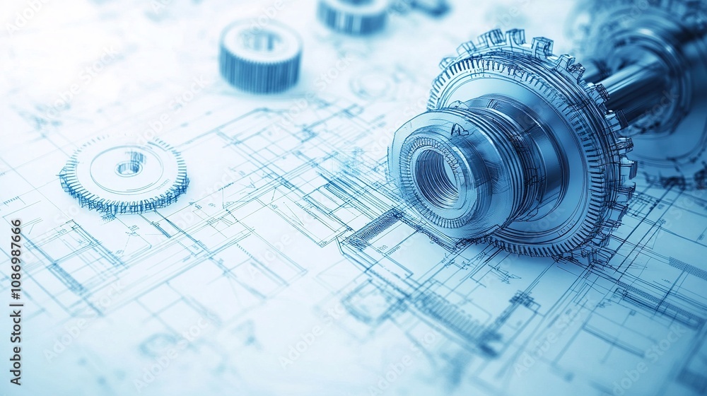 Poster detailed close-up of mechanical gears and technical drawing blueprint illustrating precision enginee