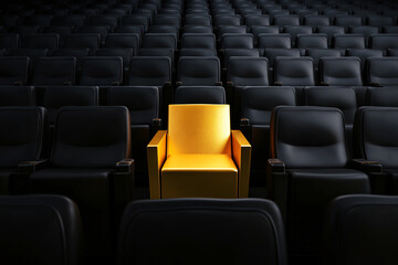 Fototapeta premium Solitary yellow chair amidst black theater seats cinema hall photography indoor perspective isolation