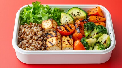 Healthy and Colorful Lunchbox Featuring Grilled Vegetables Tofu and Brown Rice on a Bright Red Paper Background Encouraging Plant Based Eating in the Workplace