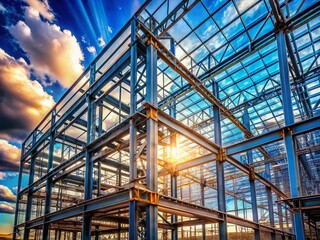 Double Exposure Photography of Steel Frame Construction Against a Bright Blue Sky Showcasing Modern Architecture and Urban Development in a Stunning Visual Representation