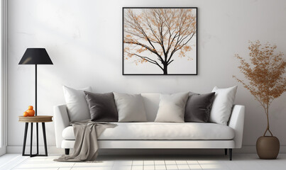 Minimalist Living Room Interior White Sofa Tree Artwork Side Table