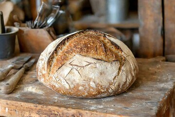 Freshly Baked Artisan Bread on a Rustic Wooden Table