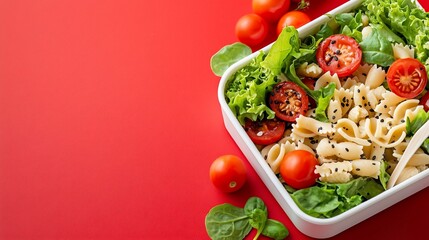 Top view of a lunchbox filled with a healthy pasta salad cherry tomatoes and leafy greens on a lively red backdrop perfect for nutritious meals and clean eating