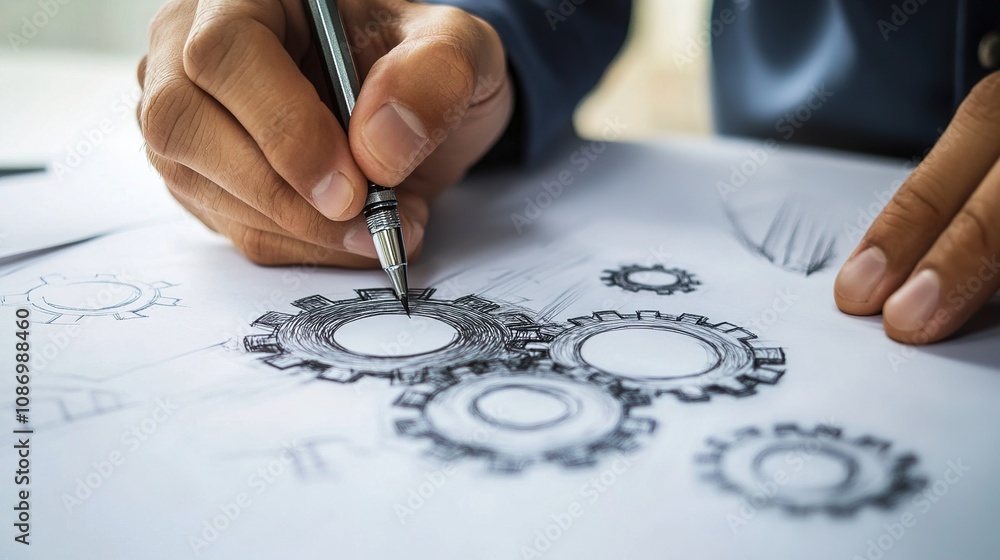 Poster detailed sketching of gears by hand, illustrating mechanical design concepts and engineering innovat