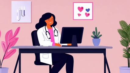 A woman doctor sits at a desk in front of a computer
