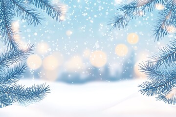 A beautiful, blurred background of light blue and white snow with bokeh lights.