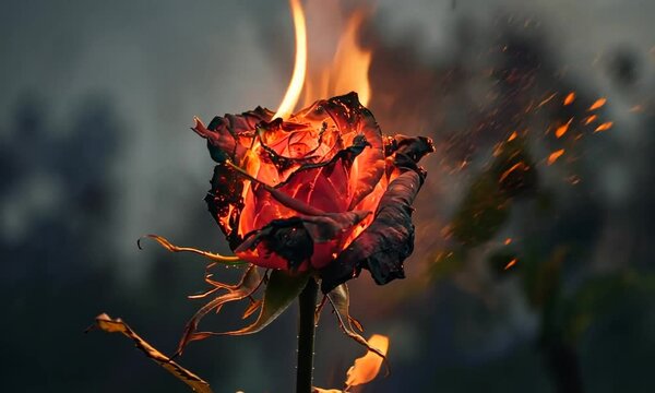 The red rose withered, burning	