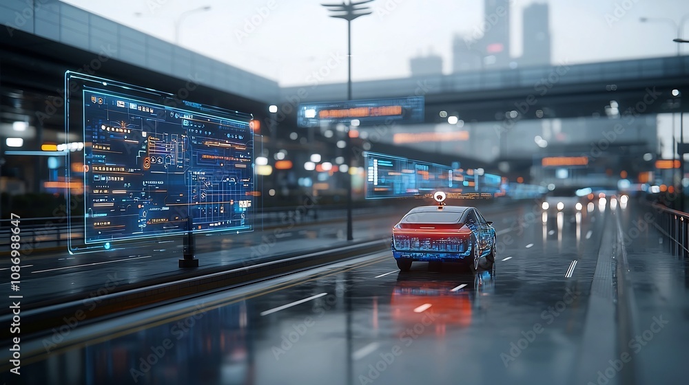 Poster Autonomous car navigating through a modern smart city environment with real time updates and information displayed on digital signage