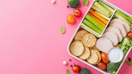 Colorful and Nutritious Lunchbox Filled with Turkey Slices Crackers and Vegetable Sticks on a Bright Pink Background Perfect for a Healthy and Energizing Midday Meal at Work