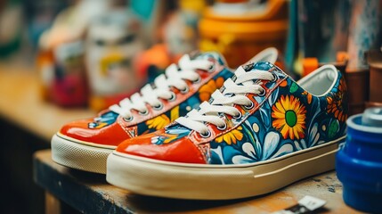 Colorful floral patterned sneakers on a shelf.