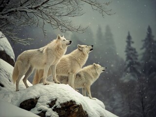 Obraz premium Majestic White Wolves in Vintage Style on Snowy Rocky Cliff – Winter Wildlife Photography, Nature, Animal Portraits, Scenic Landscape, Snow-Covered Mountains, Majestic Creatures, Wildlife Art