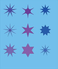 Symmetrical arrangement of geometric star shapes in shades of purple and blue on a soft light blue background. Ideal for creative designs, posters, or decorative templates with a calming color scheme.