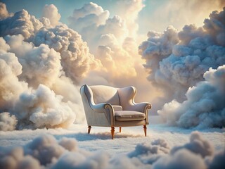 Dreamy Armchair in a Whimsical White Cloud Interior with Abstract Background, Perfect for Modern Decor and Relaxation Spaces, Evoking a Sense of Calm and Imagination