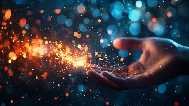 A hand reaching out to catch colorful sparks in a dark setting, creating a mystical atmosphere
