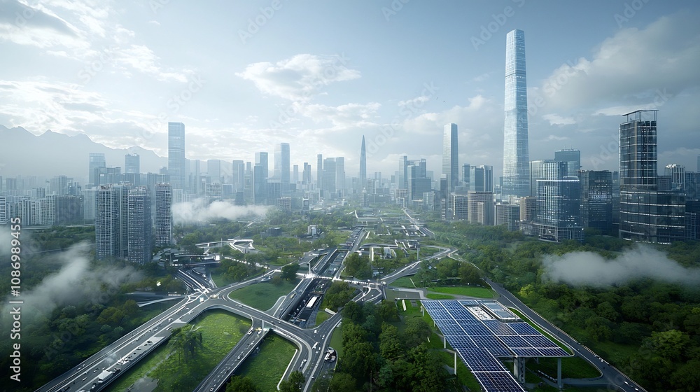 Poster futuristic cityscape featuring towering skyscrapers and a highly advanced infrastructure powered by 