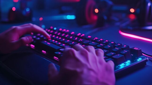 A gamer's hands type on a keyboard lit with blue and pink LEDs