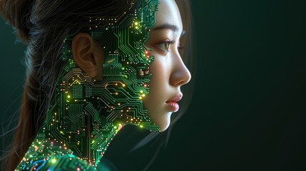 A woman's face is overlaid with a circuit board, glowing with light, against a dark green background.