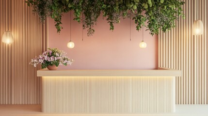 Minimalist Wooden Reception Counter with Pink Wall and Greenery