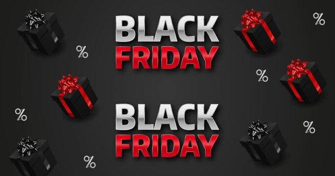 Black Friday animation with silver and red scrolling text and gifts. Seamless video on black background. Perfect for Black friday offers, sales promotions, retail ads, special offers.