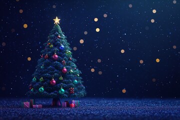 Obraz premium Christmas tree with colorful decorations on a dark blue background with bokeh lights
