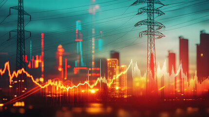 Stock market volatility influenced by fossil energy, with power lines and cityscape. image reflects economic fluctuations and energy sector impact, highlighting financial dynamics