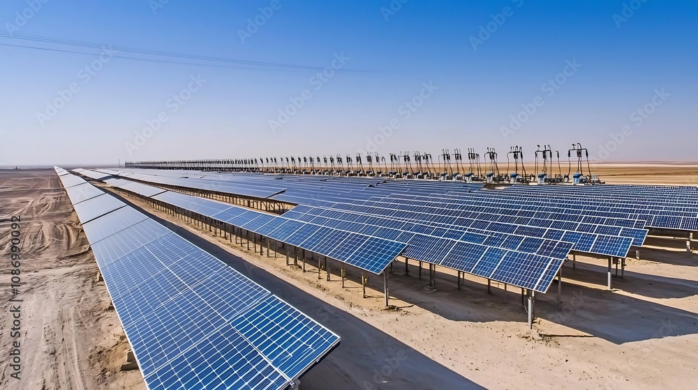 Poster aerial view of a renewable energy farm integrated with a smart grid system